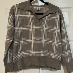 Max Studio Taupe Plaid V-Neck Sweater